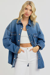 Snap Down Long Sleeve Denim Shacket Risen Dark S